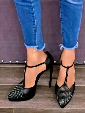 YSL Saint Laurent Black Studded Leather Platform Stiletto Strap Heels EU 38.5